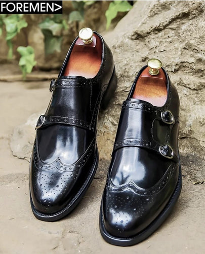 BRIGID| Black Brogue Double Monkstrap