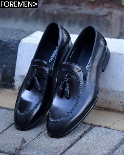 Santorini Black Leather Tassel Loafers Men's Loafers