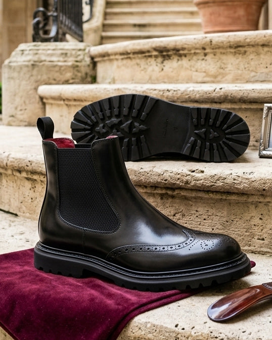 REDFORD | Black Chunky Brogue Chelsea Boots