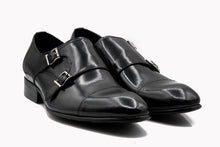 Black Foremen Leather Double Monk Strap with Buckle type closure and rubber sole.