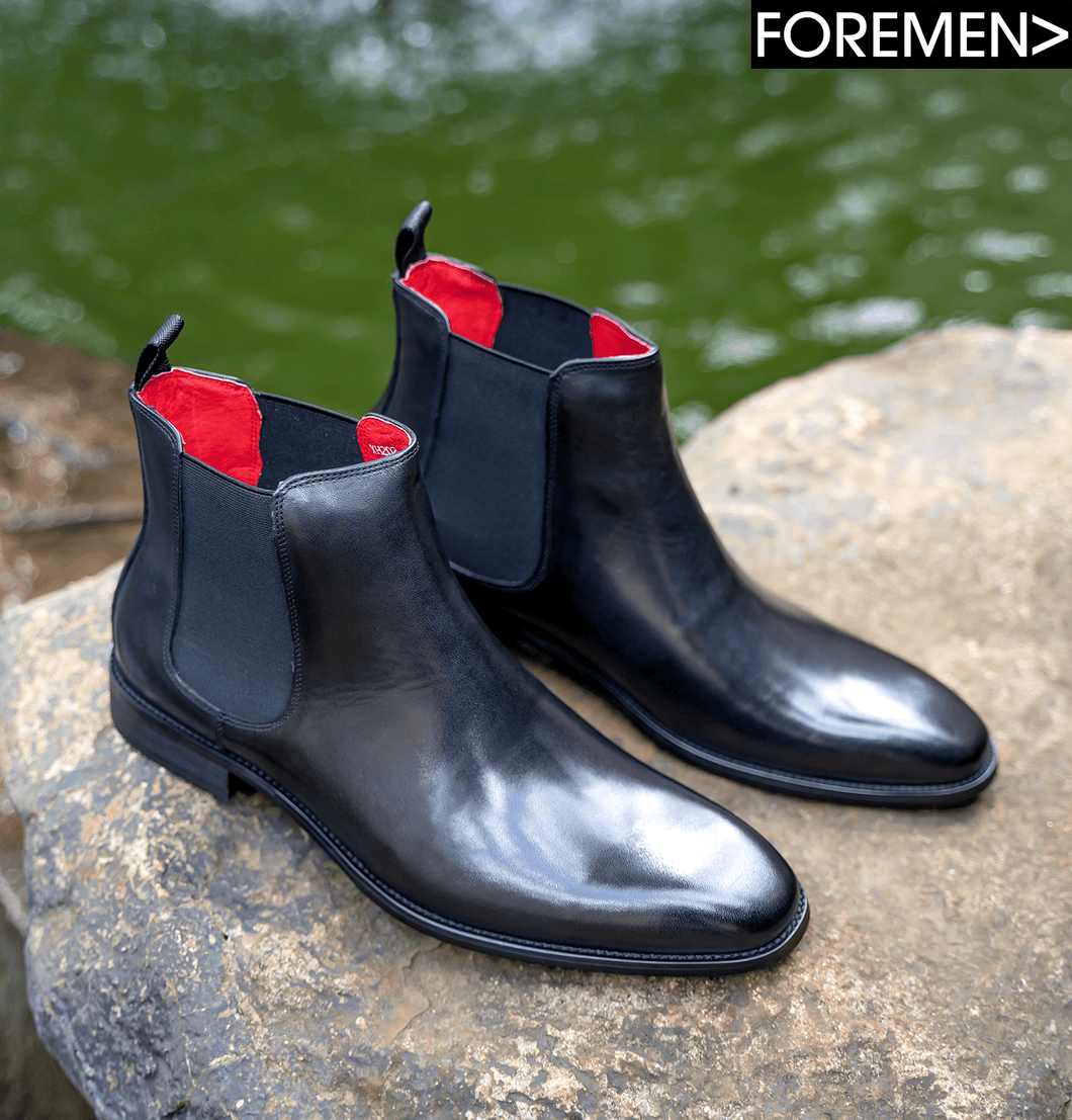 Black chelsea boots 2024 with red elastic