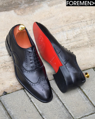 men’s luxury shoes, black oxford brogues, leather sole shoes, red sole dress shoes, handcrafted men’s shoes, The Foremen Mansory, premium men’s footwear, stylish men’s oxfords