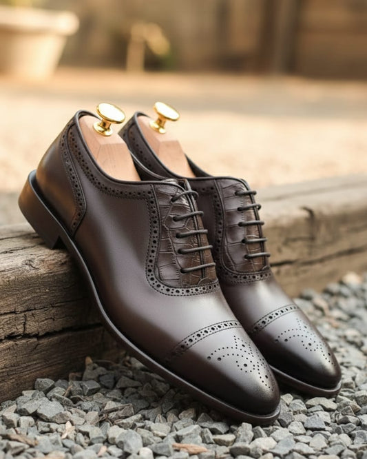 Dark Tan Leather Dress Shoes With Leather Sole