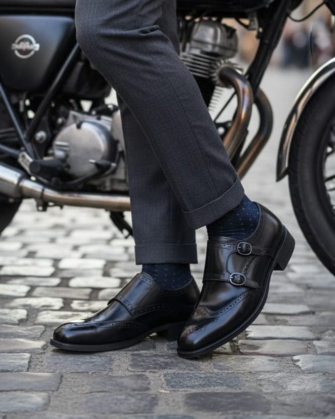 BRIGID| Black Brogue Double Monkstrap