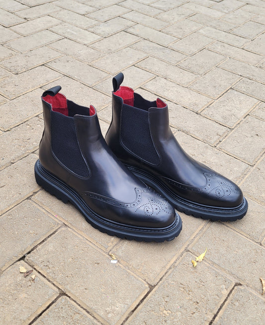 REDFORD | Black Chunky Brogue Chelsea Boots