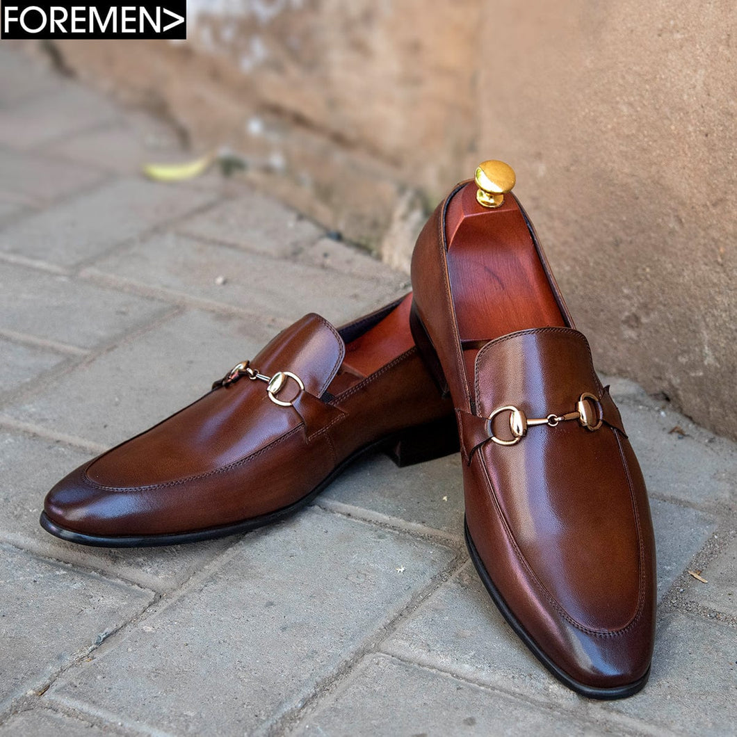 Coffee brown leather foremen slip-on dress shoe with bespoke gold detail and rubber sole