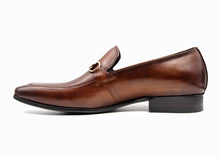Coffee brown leather foremen slip-on dress shoe with bespoke gold detail and rubber sole