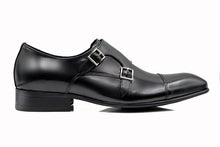 Black Foremen Leather Double Monk Strap with Buckle type closure and rubber sole.