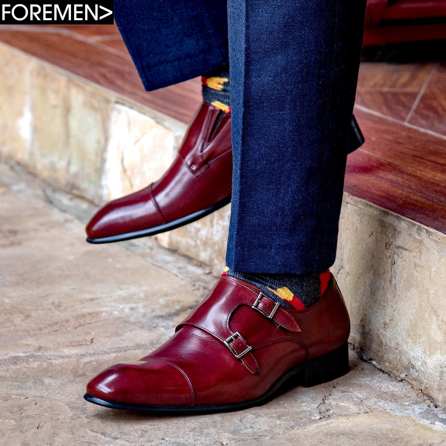 Tan Foremen Leather Double Monk Strap with Buckle type closure and rubber sole.