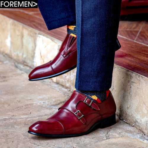 Tan Foremen Leather Double Monk Strap with Buckle type closure and rubber sole.
