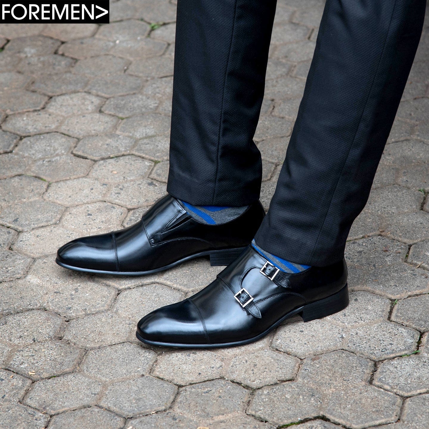 Black Foremen Leather Double Monk Strap with Buckle type closure and rubber sole.